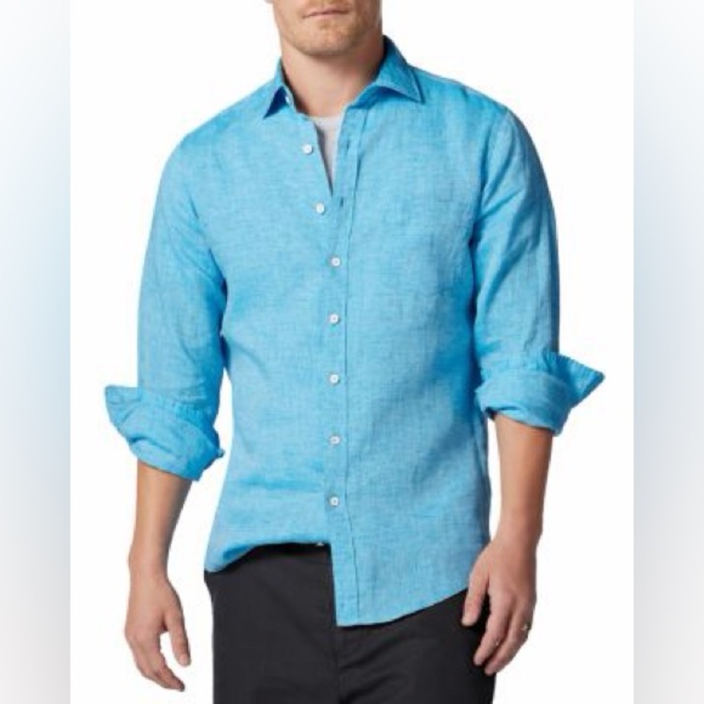 Perry Ellis Linen/Cotton Teal Turquoise Aqua Button-Down vibrant Dress Shirt L